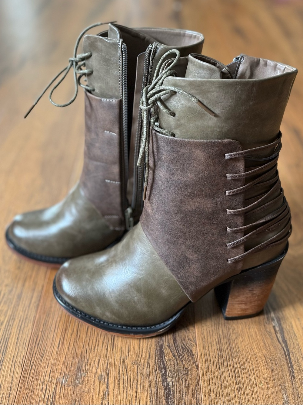 Pierre Dumas Olive and Dark Brown Lace-Back Heeled Ankle Boots